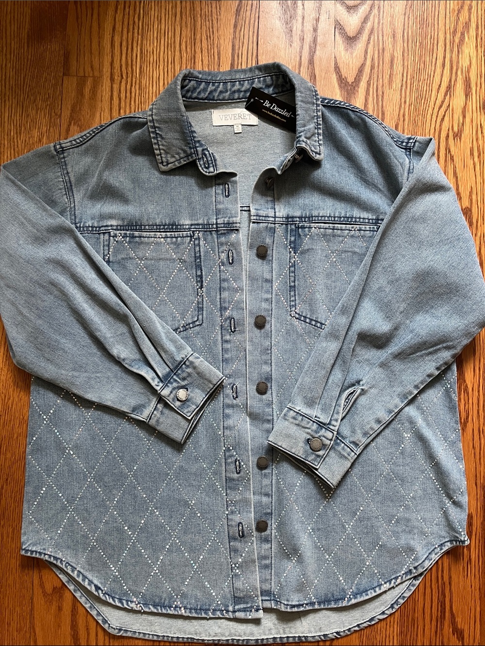 NWT Denim Bedazzled Iridescent Oversize Flannel Coat Jean Jacket Medium